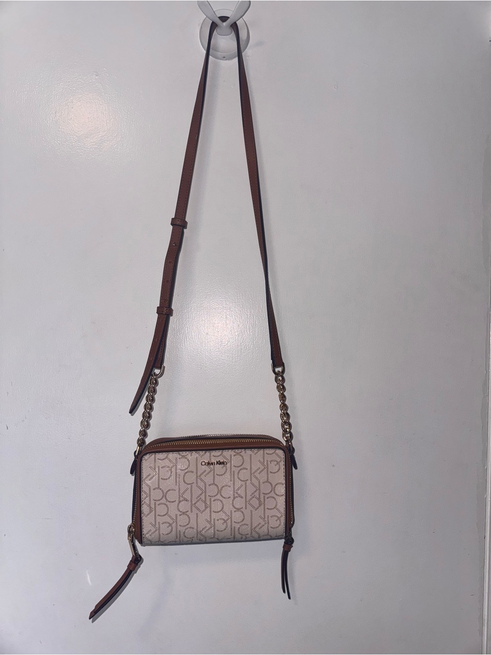 Calvin Klein Tan Logo Crossbody Bag with Brown Trim
